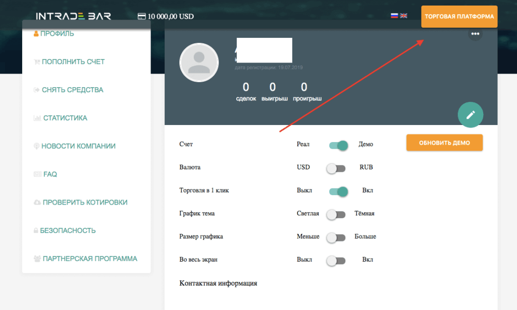 личный кабинет интрейд бар