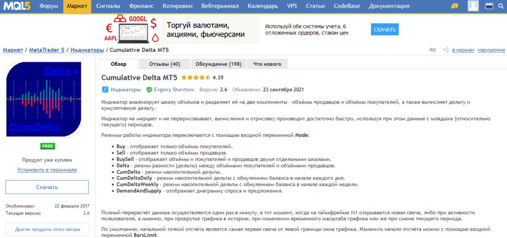 установка индикатора дельта